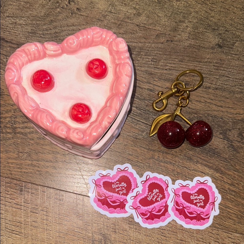 Heart-Shaped Trinket Box with Cherry Keychain & 3 stickers (Cherry Lot)